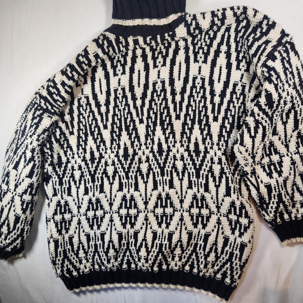 Jacob‎ Vintage Black White Geometric Intarsia Knit Turtleneck Retro Chunky - Picture 2 of 8
